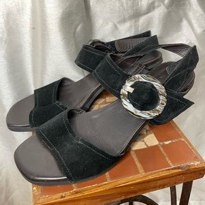 Hispanitas Spanish Black Leather Suede Velcro Buckle Open Toe Heel Sandals Shoes